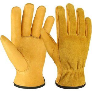OZERO Leather Work Gloves Flex Grip Tough Cowhide Gardening Glove for Wood